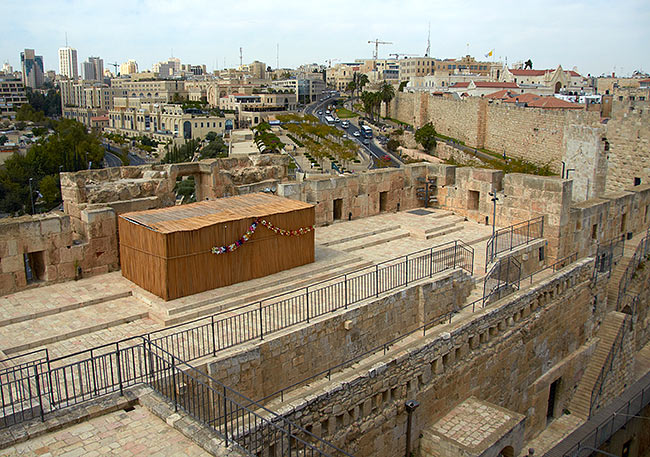 Celebration tent Sukkah on the roof of the Citadel tower - Jerusalem