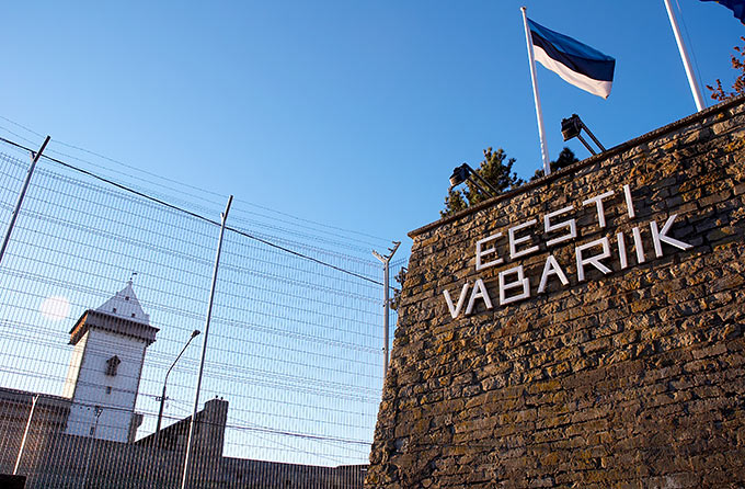 Flags of Estonia and the EU over the bastions of Narva